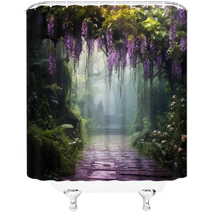 Misty Forest Shower Curtain Purple Floral Foggy Jungle Fantasy Spring Garden Green Plants Nature Landscape Bathroom Decor Curtains Polyester with