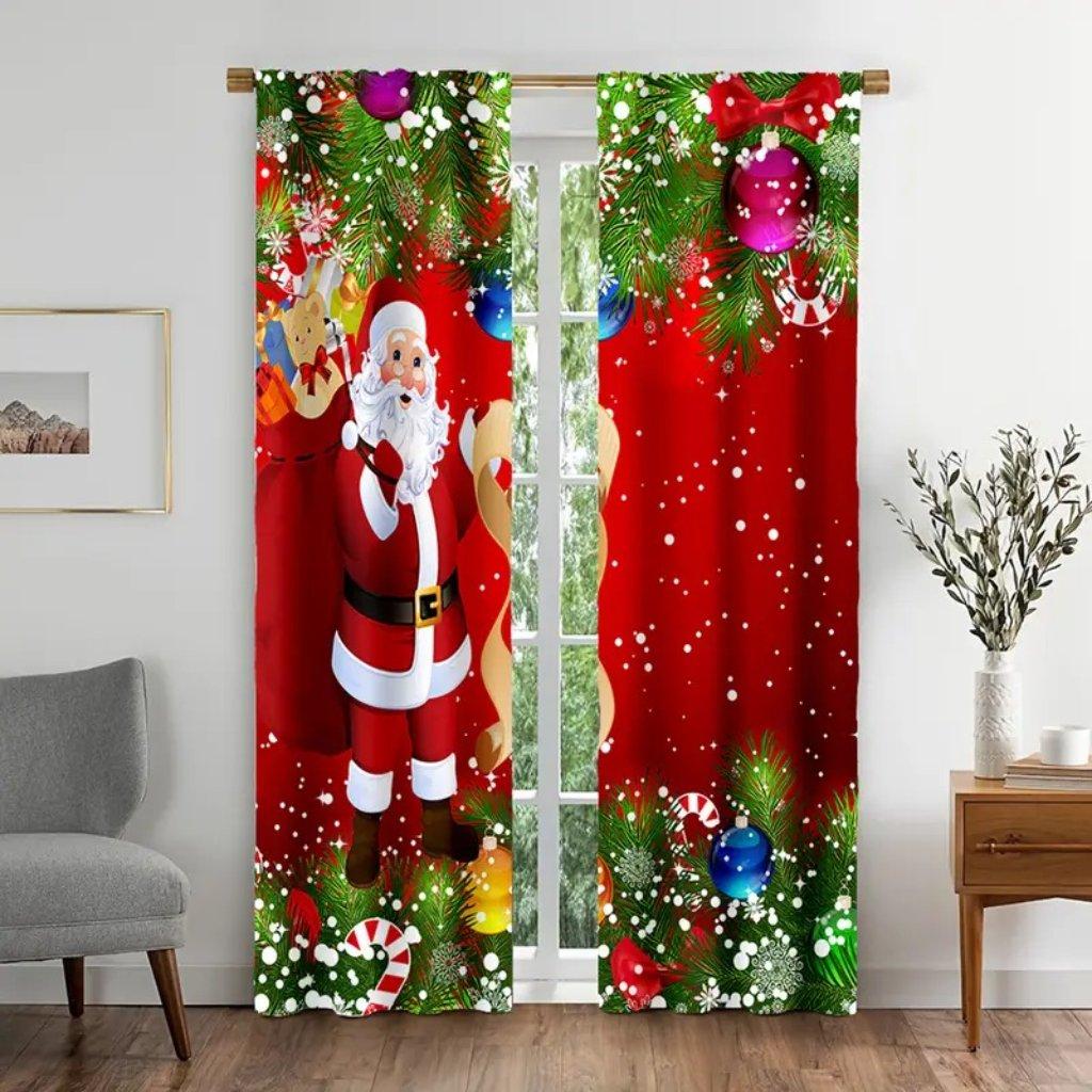 Christmas Santa Claus Curtains Set Polyester Festive Red Bedroom Doorway Drapes, Landscape and Flowers Design for New Year Decor
