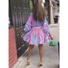 Women's Colorful Striped V-neck Dress with Belt Long Sleeve V-neck Casual Short Dress