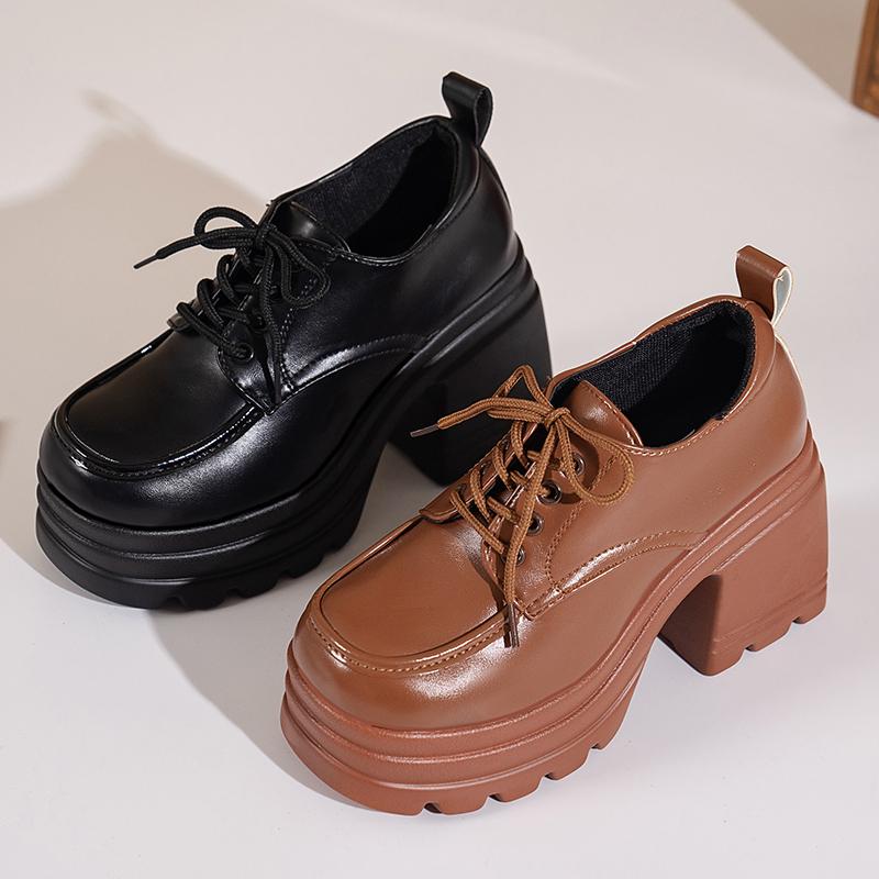 Women Heels Platform Square Lace Up Party Role Play Uniform Dress Shoe Fashion High Trifle Base Leather Loafers Lolita Mary Jane