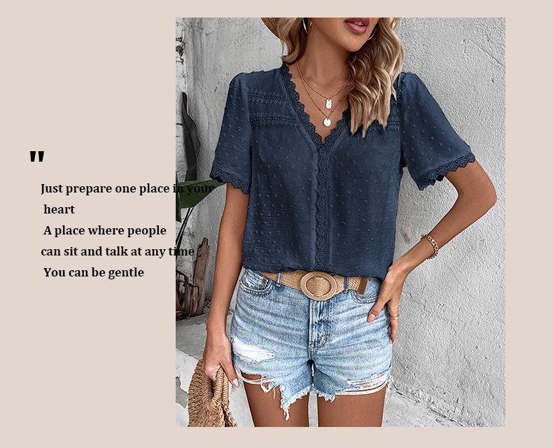 Summer Casual European & American Lace V-Neck Solid Color Women's Shirt