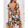 Women Floral Print Mini Dress Square Neck Puff Sleeve Waist Casual Elegant Summer Party Dress