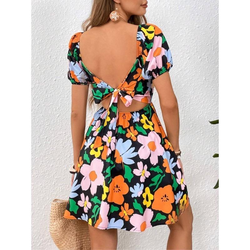 Women Floral Print Mini Dress Square Neck Puff Sleeve Waist Casual Elegant Summer Party Dress