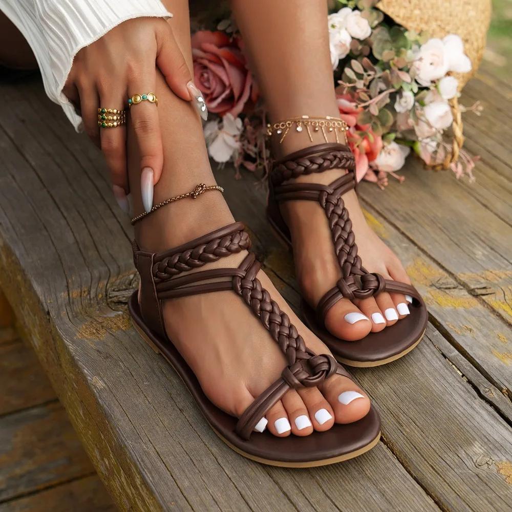 Fashion Fashion Weaving Roman Sandals for Women 2024 Summer New T-Strap Flat Sandles Woman Plus Size Comfort Non Slip Beach Shoes Ladies