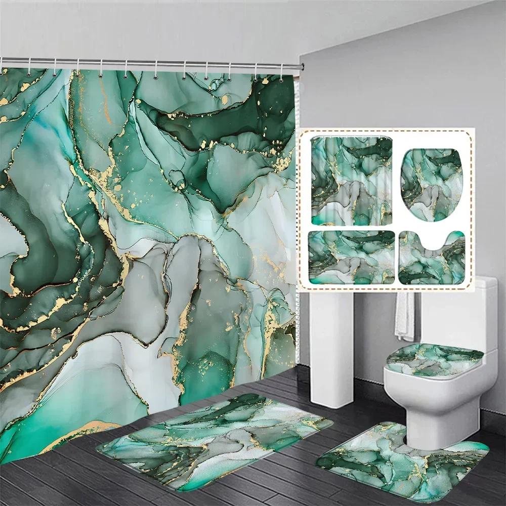 Abstract Pink Marble Shower Curtain Set Gold Textured Modern Geometric Ink Art Bathroom Decor Door Rug Bath Mat Toilet Lid Cover