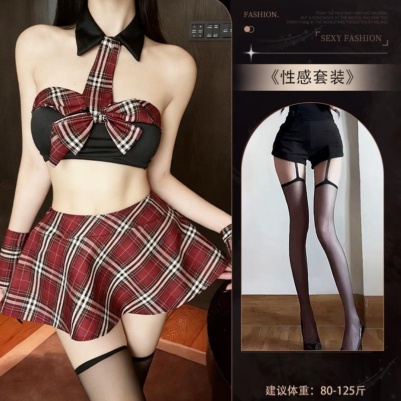 Sexy JK Uniform Scarlet Plaid Collegiate Style Abstinence Women's Pajamas Pleated Skirt Erotic Lingerie Set