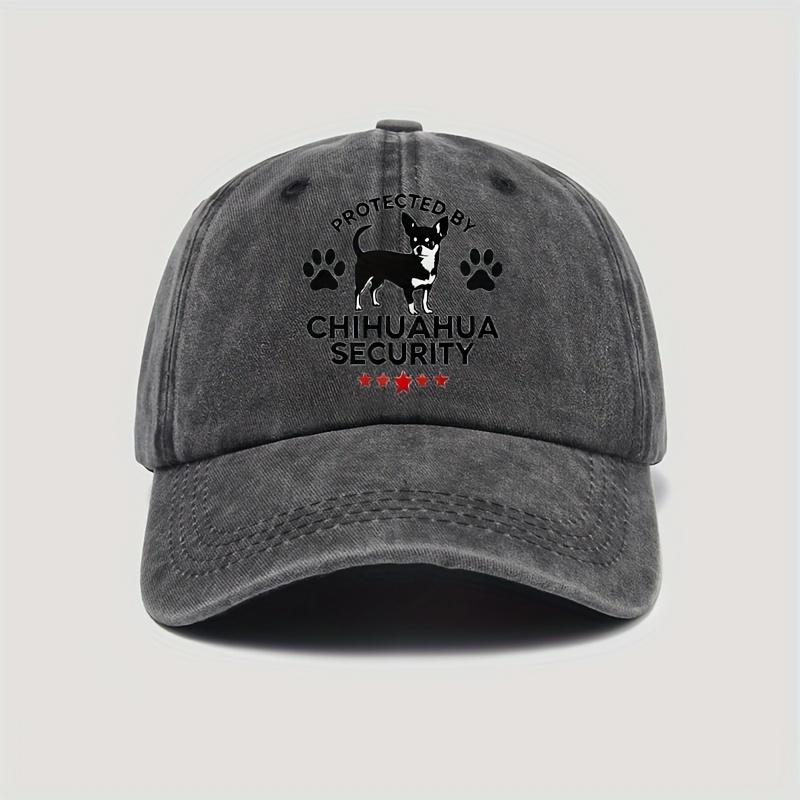 

Chihuahua Security Baseball Cap Adjustable Snapback Lightweight Washed Cotton Black with White Paw Prints Dog Silhouette One Size