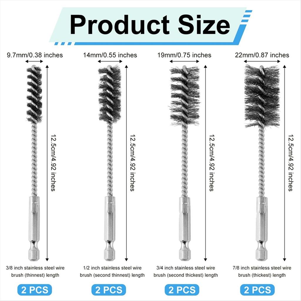 BHBL 8pcs Bore Brush, Stainless Steel Wire Brush Drill Attachments with 1/4 Inch Hex Shank Twisted Wire Cleaning Tools