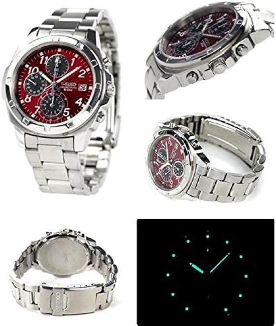 Seiko Relógio Cronógrafo Masculino SND495P, Mostrador Vermelho Vibrante, Quartzo de Precisão 1/20 de Segundo, Pulseira de Aço Inoxidável, Resistente à Água 50m, Autêntico JDM