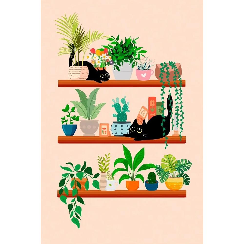 Watercolor Cute Kittens Potted Plant Canvas Print Cartoon Green Plants Animals Wall Art Postes for Modern Living Room Home Decor