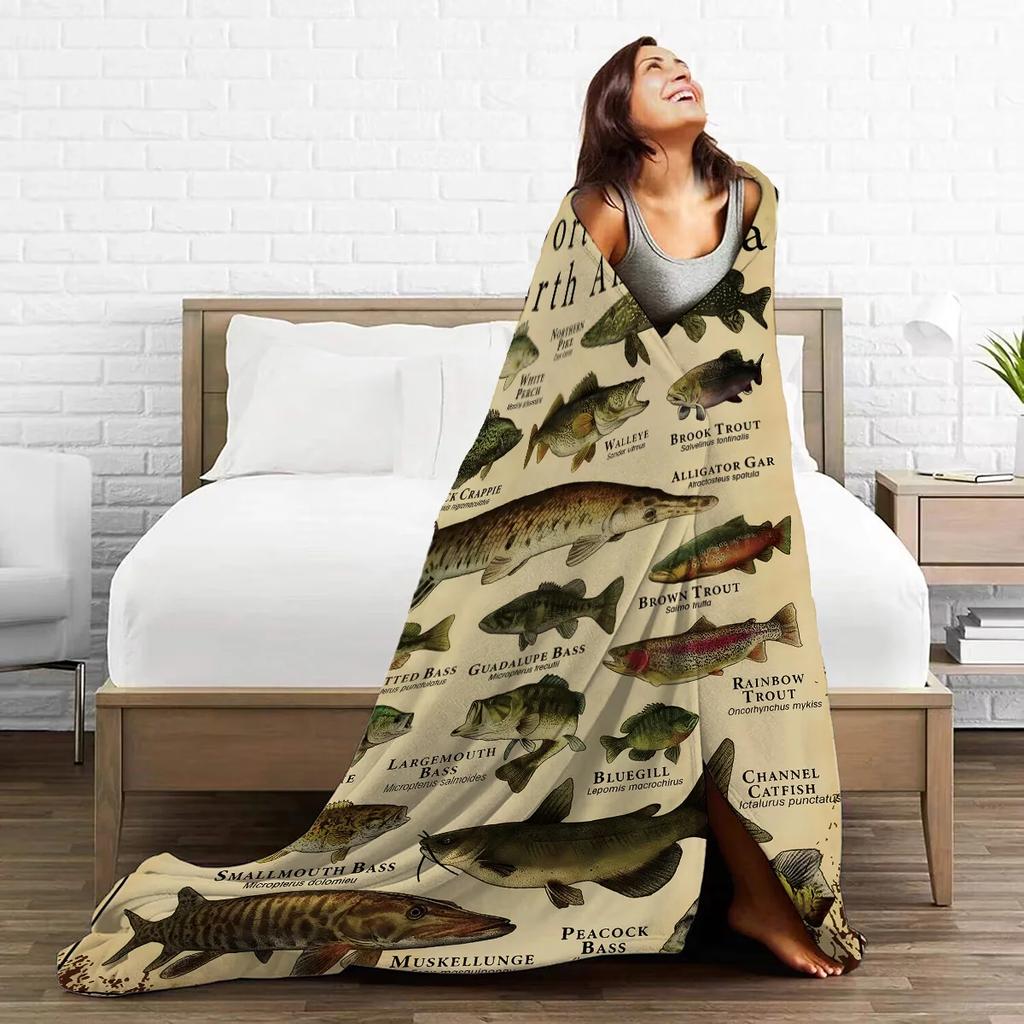1 Stück Nordamerikanischer Fischdruck verdickte Flanelldecke warm hautfreundlich weich Sofa Bett Decke maschinenwaschbar vier Jahreszeiten