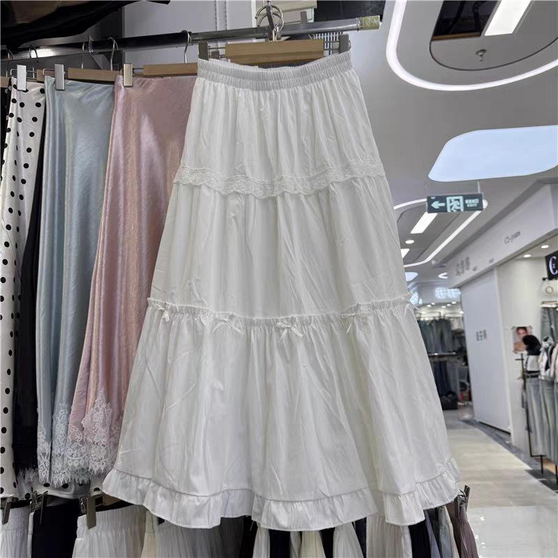 Sweet Lace Bow Ruffle Midi Skirt for Women - Spring 2025 High Waist A-line Style