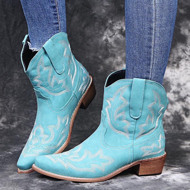 Fashion Spring Autumn New Women's Shoes Large Size Embroidery Pointed Toe Ankle Boots for Women Retro Thick Middle Heel Short Botines