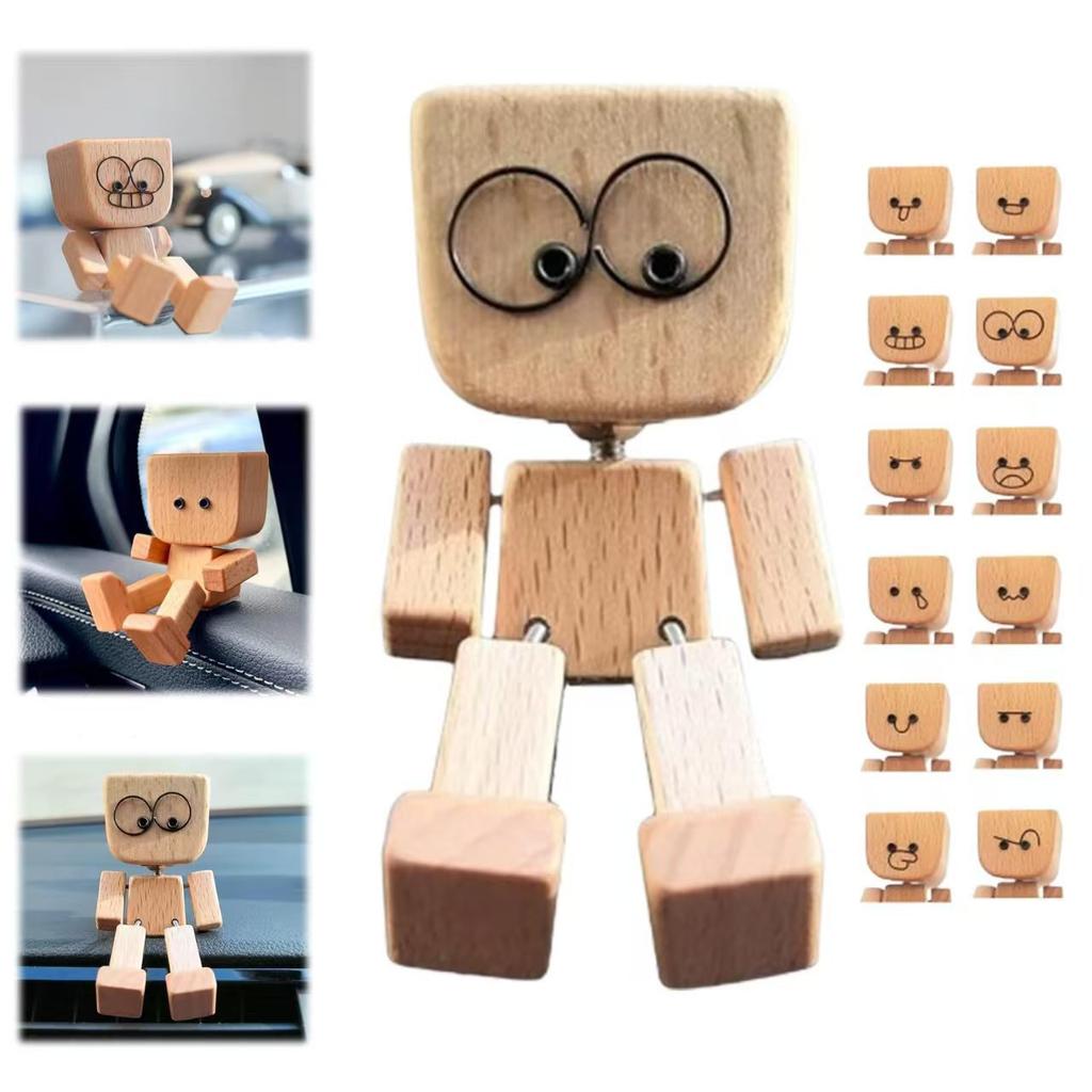 Cute Car Shaking Wooden Man Figurine Interior Wood Ornaments With 12 Magnetic Expressions Handmade Wooden Wiggle Ornament Gift