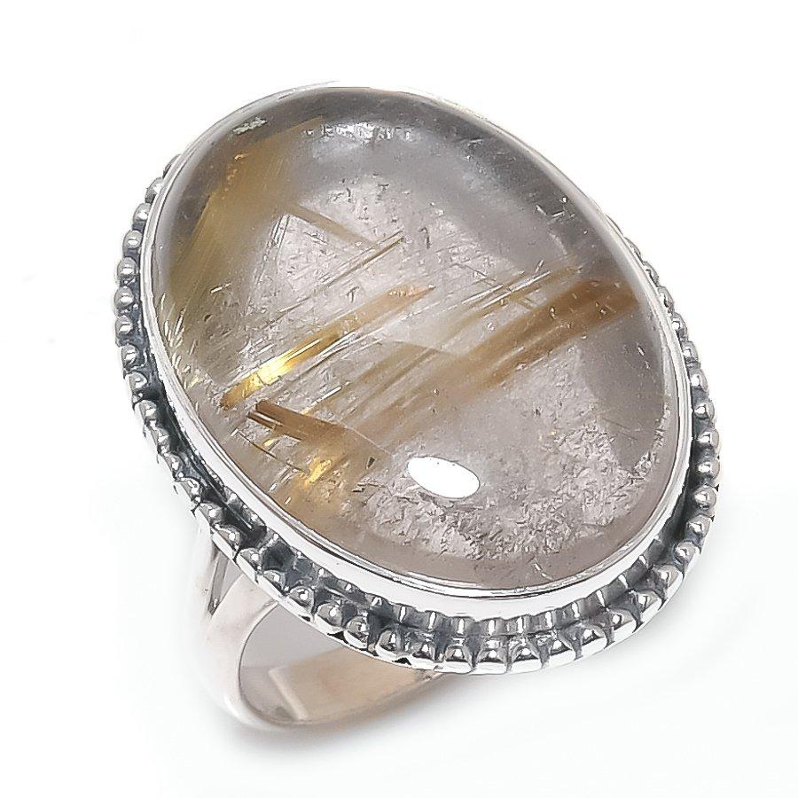 Natural Golden Rutile Gemstone Handmade 925 Solid Silver Jewelry Ring S.7.5 q8J13
