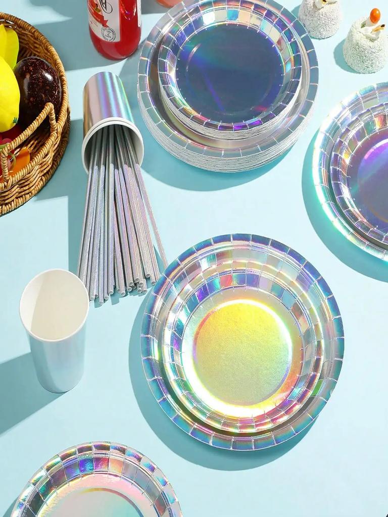 Rainbow Party Supplies Decorations, Holographic Paper Plates and Napkins Set for Birthday Wedding Holiday Party, Christmas