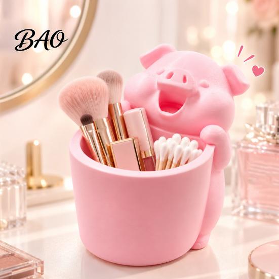 Desktop Clutter Organizer 3D Printed Cute Piggy Storage Pot, Cartoon Pig Shaped Pen Holder, Makeup Tool Holder Brush Organizer, Multifunctional
