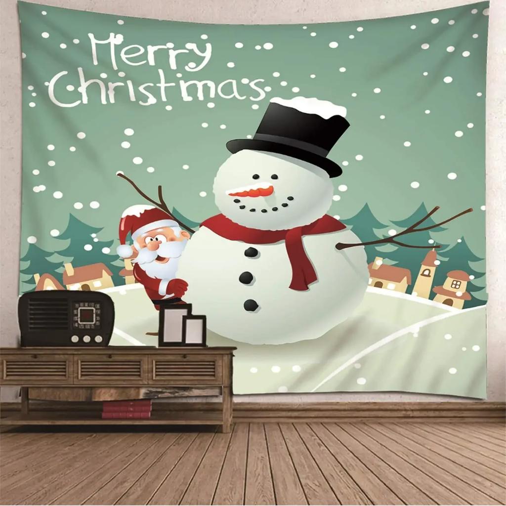 Snowman Snowflake Merry Christmas Tapestry New Year Winter Party Tapestry Wall Hanging Decor for Home Living Room Bedroom Dorm