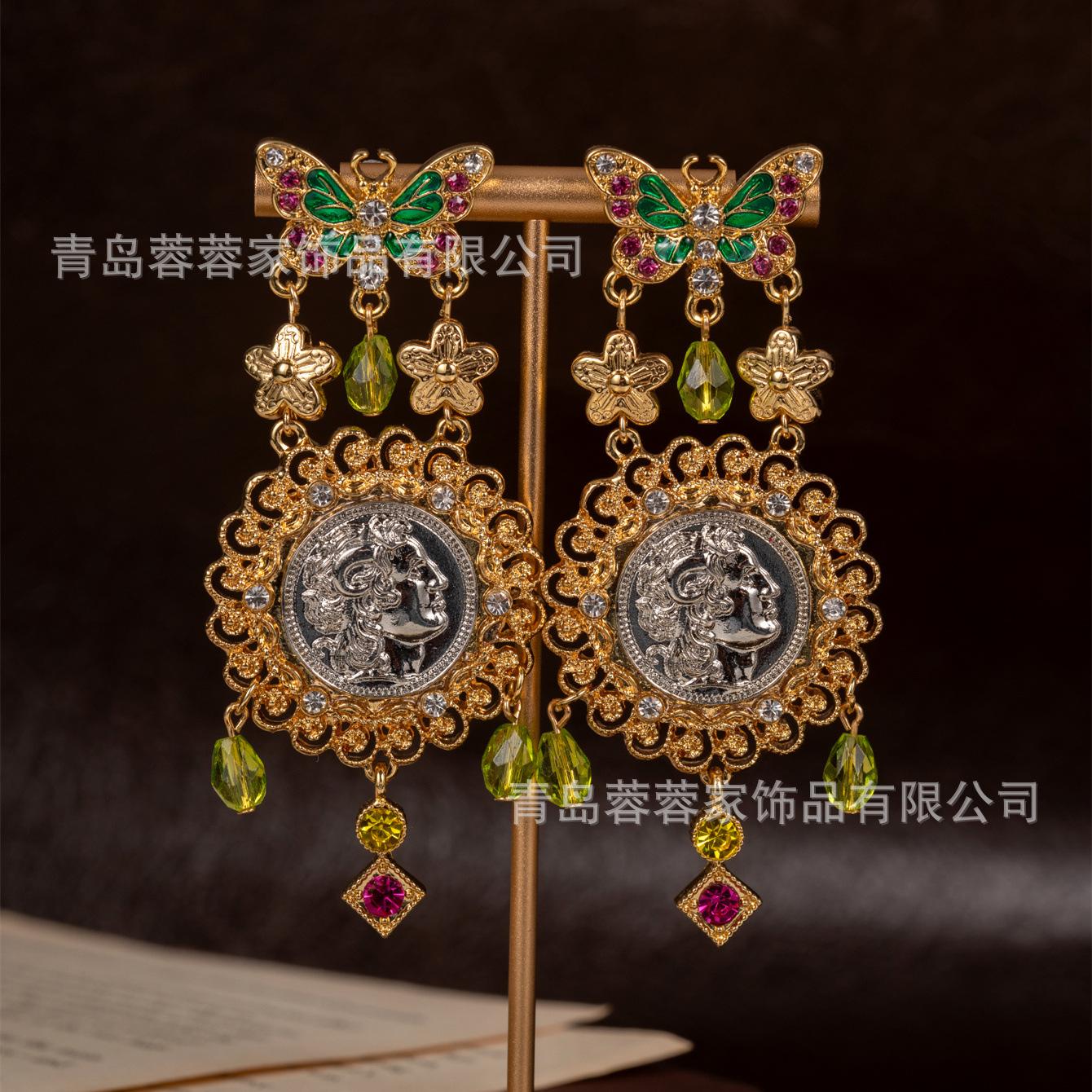 Vintage Geometry European Portrait Round Gold Earrings With Ancient Money Style High Grade