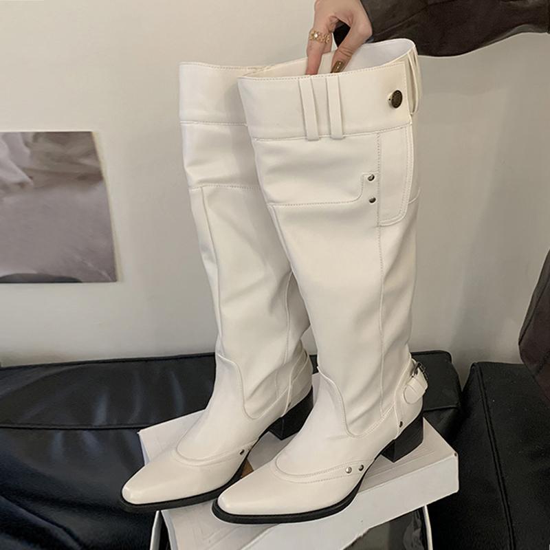 Mode Liyke Herbst Winter Neuer Stil Knopfriemen Kniehohe Stiefel Frau Vintage Spitzschuh Niedrige Dicke Absätze Schuhe Weibliche Lange Stiefeletten