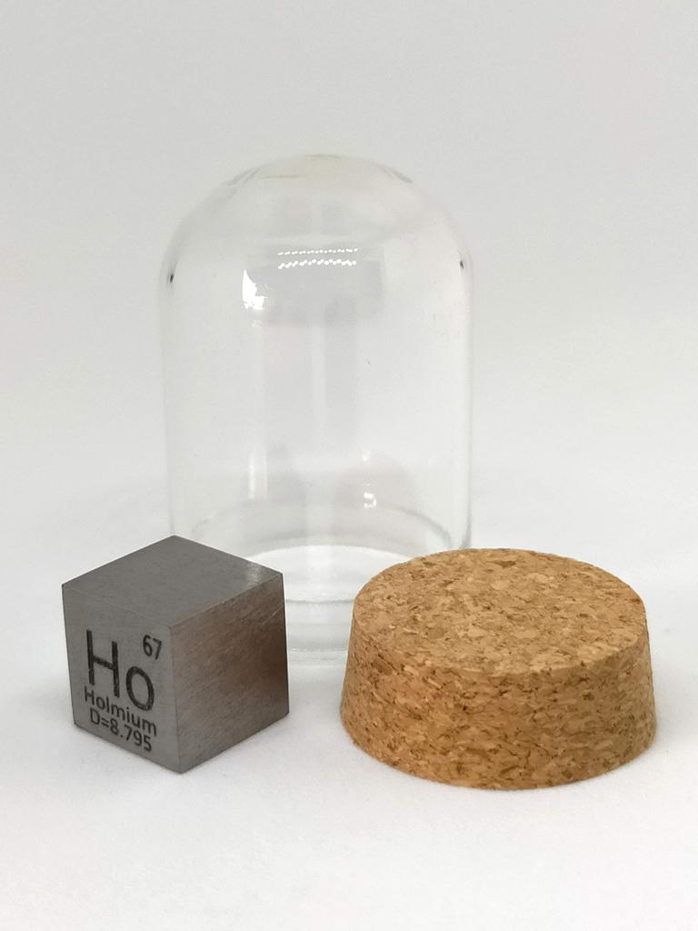 Elemental Holmium 10mm square type A specimen (Ho), cube, marking.
