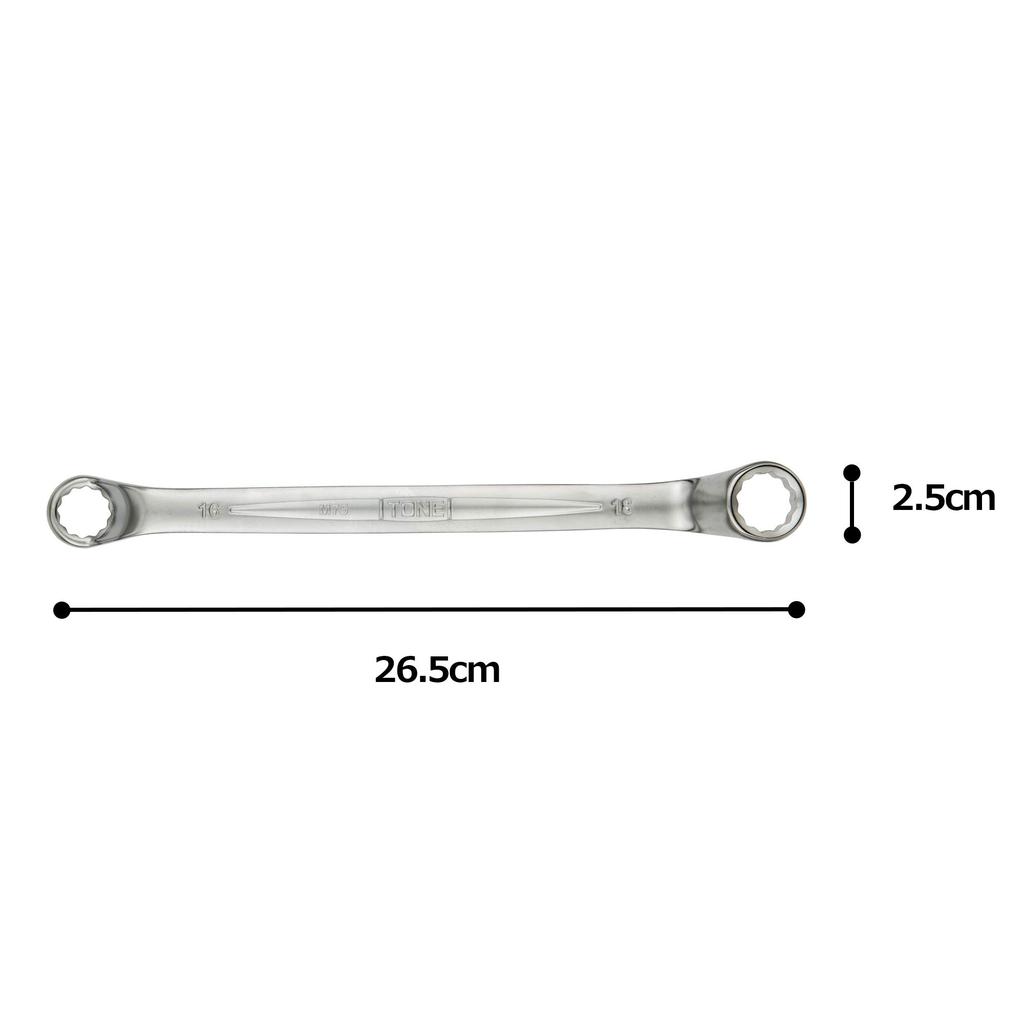 TONE Long Mechanic Open End Wrench 16 x 18mm Flats (75°), M75-1618,