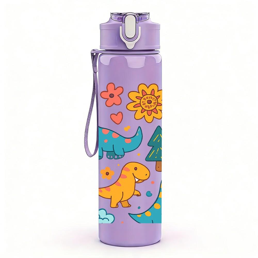 1PC Colorful Dinosaur Group Pattern 750ml Color Plastic Sports Water Bottle Leakproof Flip Straw Lid Suitable for Sports Office Home Use