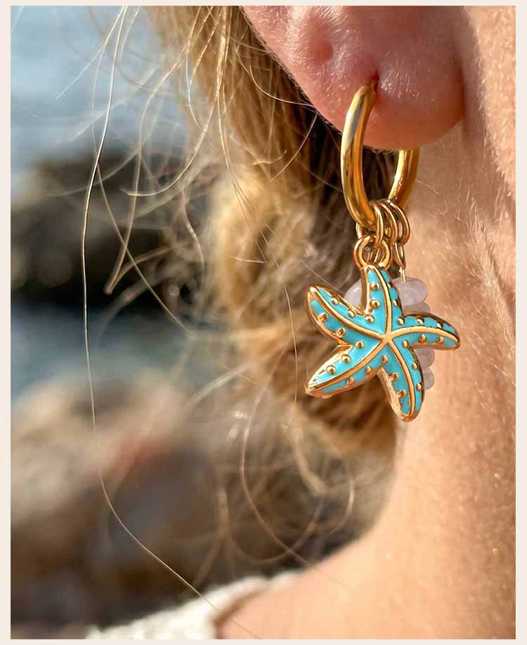 Ocean Starfish Turtle Fish Shell Charms Stainless Steel Hoop Earrings for Women Natural Stone Gravel Dangle Earrings Jewelry