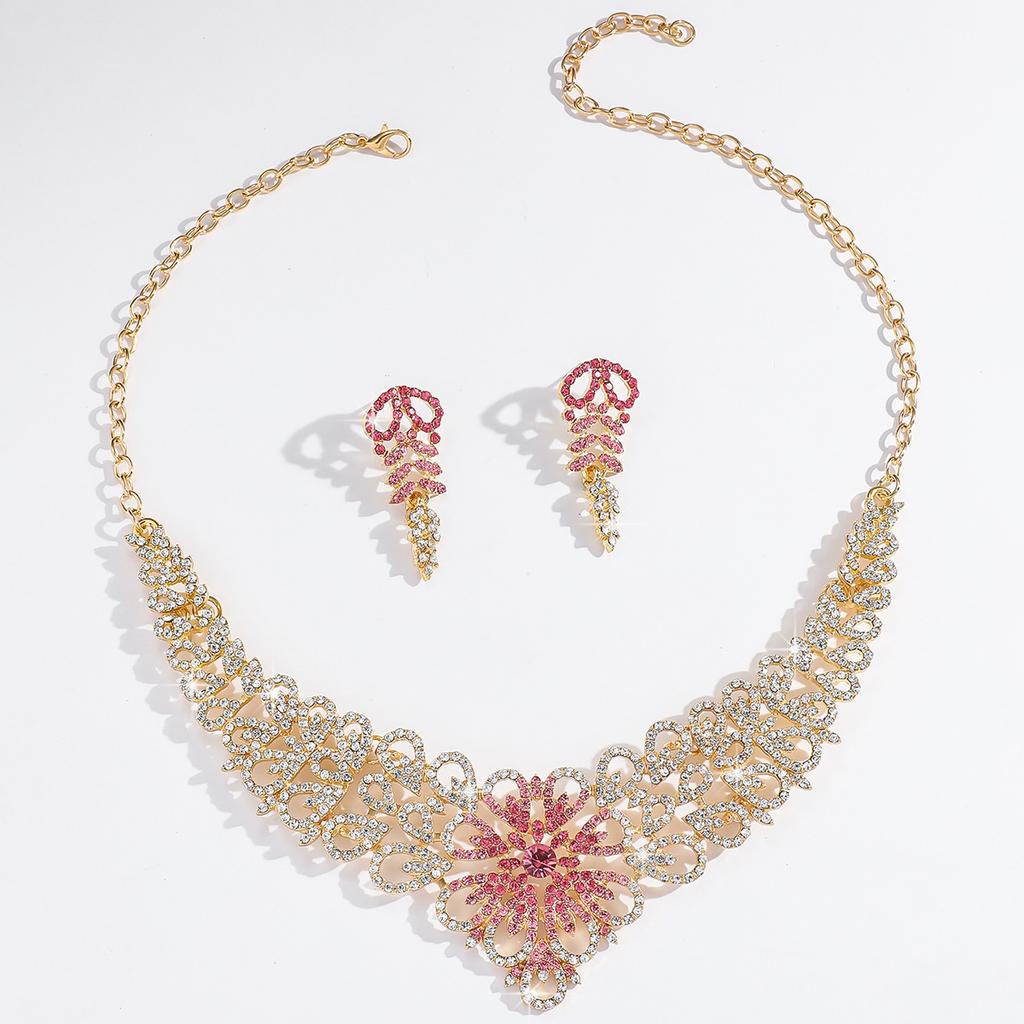 Temperament Fashion Exaggerated Metal Sparkling Diamond Pattern Full Diamond Necklace Earrings Set Wedding Bridal Set