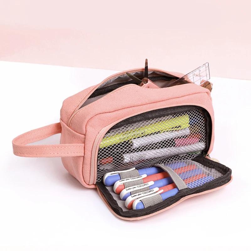 Simple Color Large Capacity Double Layer Pencil Case Stationery Eraser Storage Bag Student Office Stationery Pencil Case