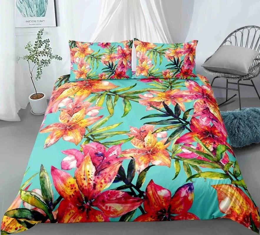Blühende Blumen King Queen Bettbezug Rote Granatapfelblüte Bettwäscheset für Frauen Lieblich Floral 2/3-teilig Polyester Steppdeckenbezug