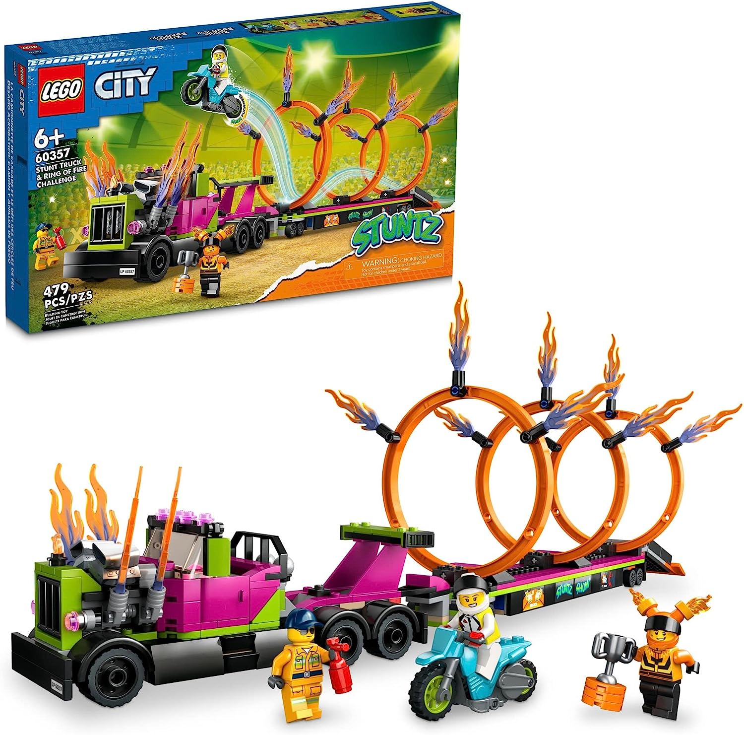 

LEGO City Stuntz Stunt Truck & Ring of Fire Challenge 60357 с игрушечным мотоциклом с маховиком и минифигурками, забавный подарок для детей в возрасте от 6 лет и старше