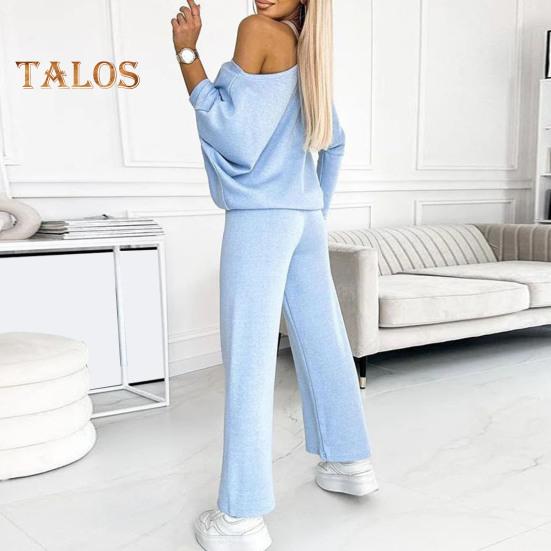 2 Pcs/Set Women Top Pants Set Round Neck Long Sleeves Sweatshirt Elastic Waist Wide Leg Sweatpants Sport Outfit Autumn Casual Tracksuit