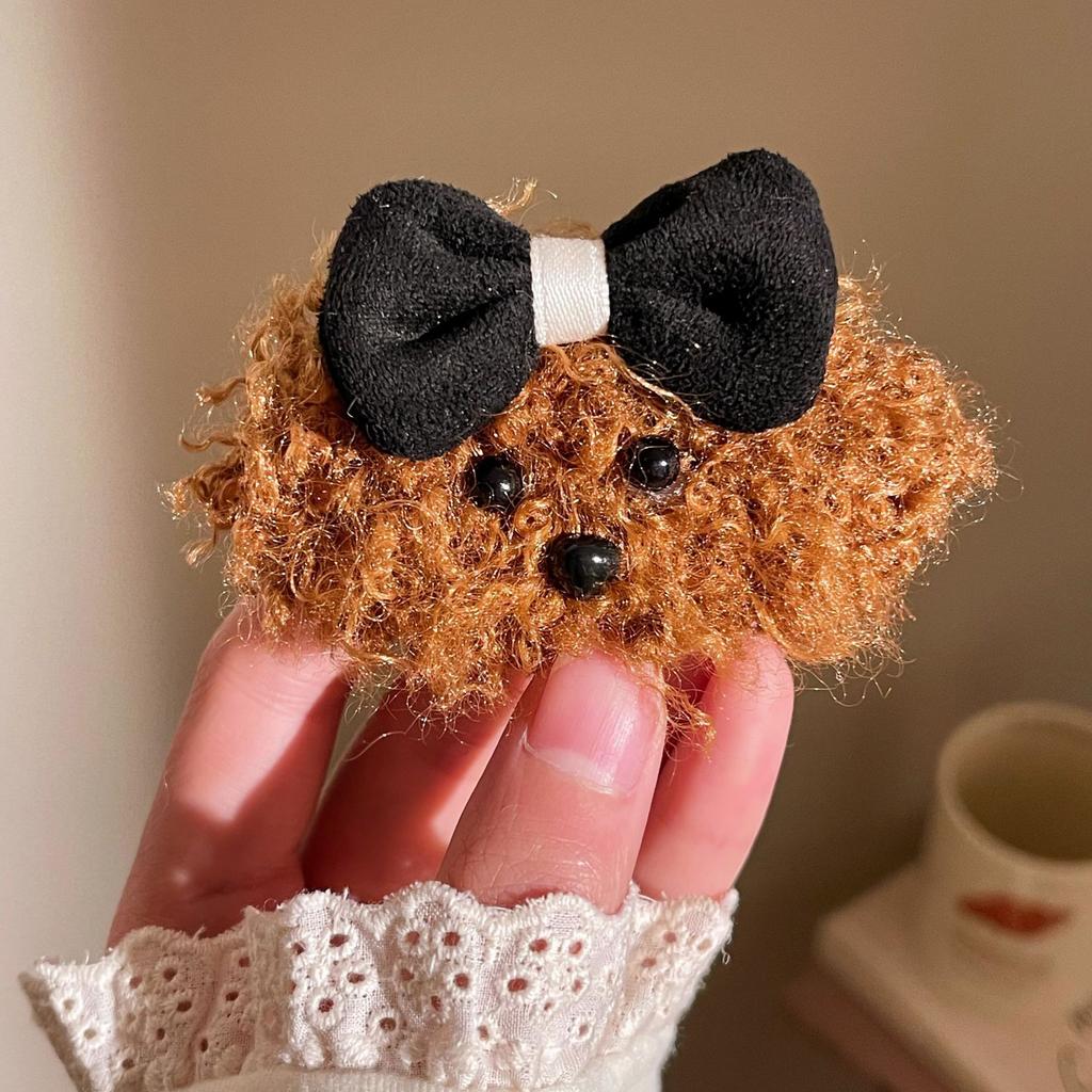Cute Teddy Dog Plush Hair Clip With Red Blue Bowknot Cartoon Side Bangs Clip Hair Accessory For Girls Children Daily Wear