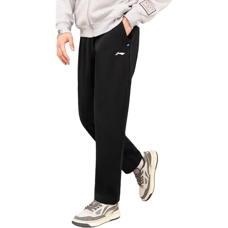 Li Ning Sports Lifestyle Series Solid Color Low Waist Drawstring Straight Leg Knit Sports Pants Men bottoms Black AKLTD49-1