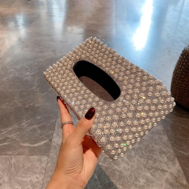 Luxury Pearl Rhinestone Car Tissue Box Desktop Holder Living Room Bathroom Multi-Use Stainless Steel