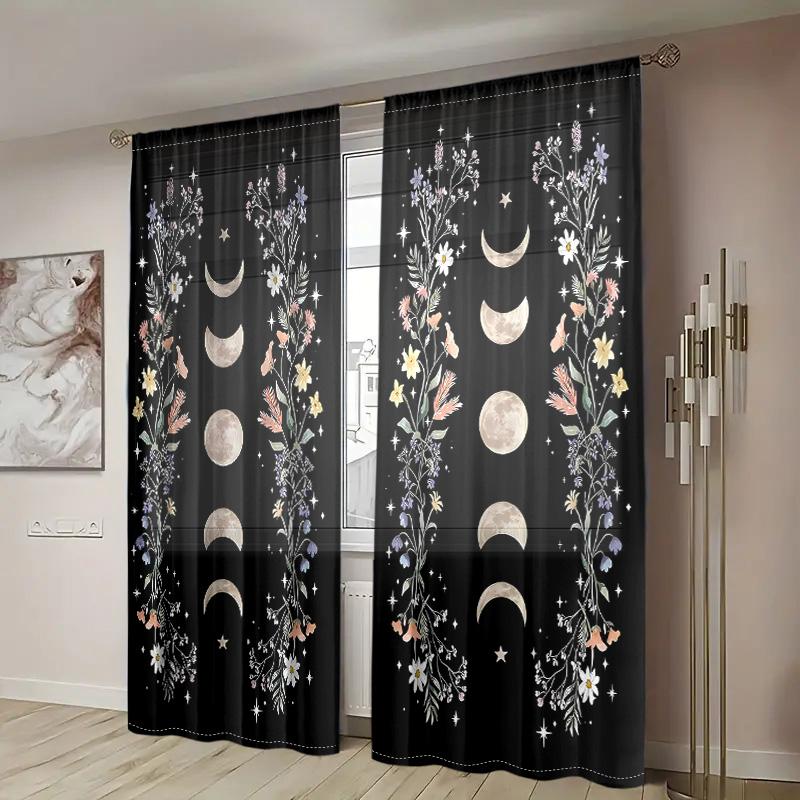 2 Pieces, Bohemian Flowers, Sun and Moon, Gothic Aesthetic, Green Leaf Window Treatment - Living Room, Bedroom, Home Decoration