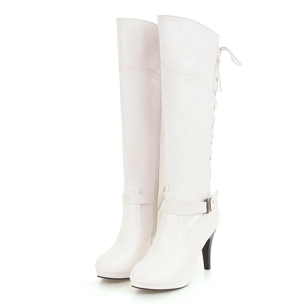 Winter Women Lace-up Platform Knee High Boots Red Black Spike Heel Round Toe Sexy Dress Party Lady Buckle Belt Zipper Long Boots