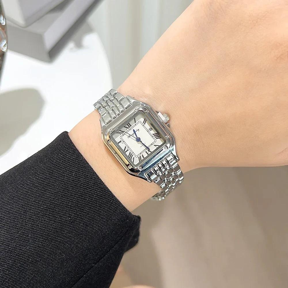 Women Fashion Square Watches Silver Stainless Steel Strap  Luxury Man Quartz Wristwatches Qualities Female Roman Scale Clock