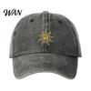 Breathable Baseball Hat Embroidery Sun Pattern Hat, Adjustable Back Buckle Retro Distressed Style Cap, Washed Cotton Fabric Outdoor Sunshade Cap Soft