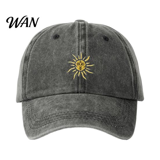 Breathable Baseball Hat Embroidery Sun Pattern Hat, Adjustable Back Buckle Retro Distressed Style Cap, Washed Cotton Fabric Outdoor Sunshade Cap Soft