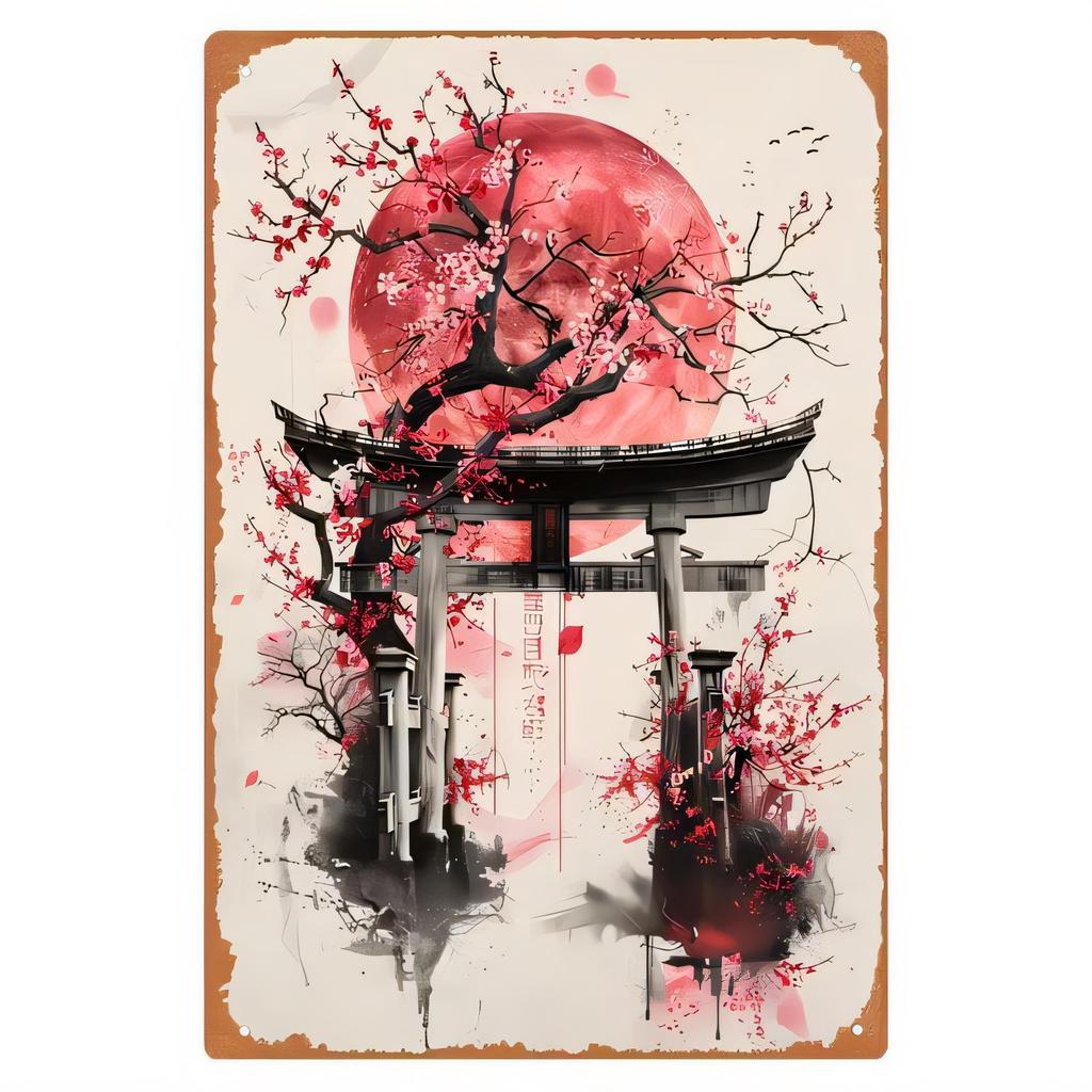 Tin Sign Chinese Traditional Lantern Gate Plum Blossom Vintage Metal Plaque Wall Decor for Home Bar Cafe Bedroom Red Pink Aesth