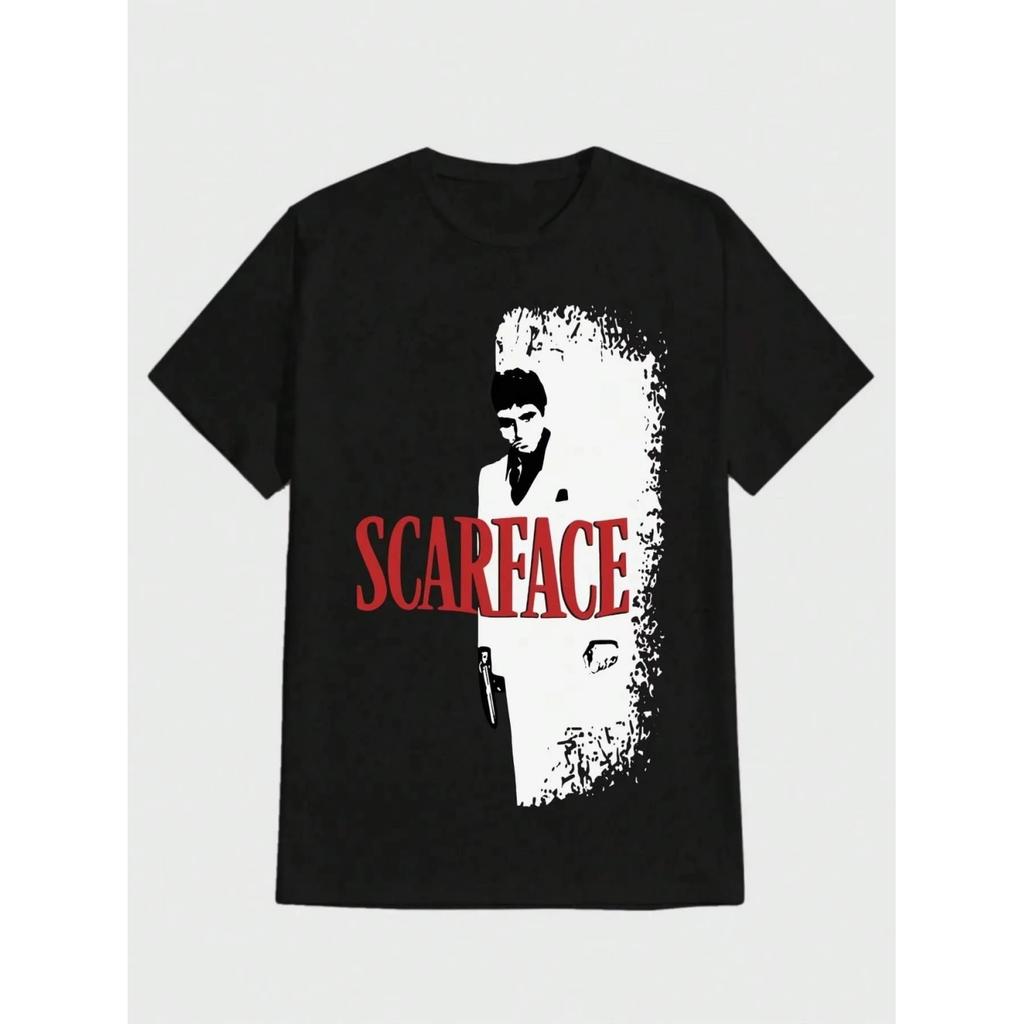 2026 Men's Movie Pattern T-shirt Art Trend Thick Cotton Round-neck T-shirt Red Text Shirt