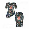 Women Plus Size Round Neck Short Sleeve Floral Printed Asymmetric Top Fitted Skirt Two Piece Set