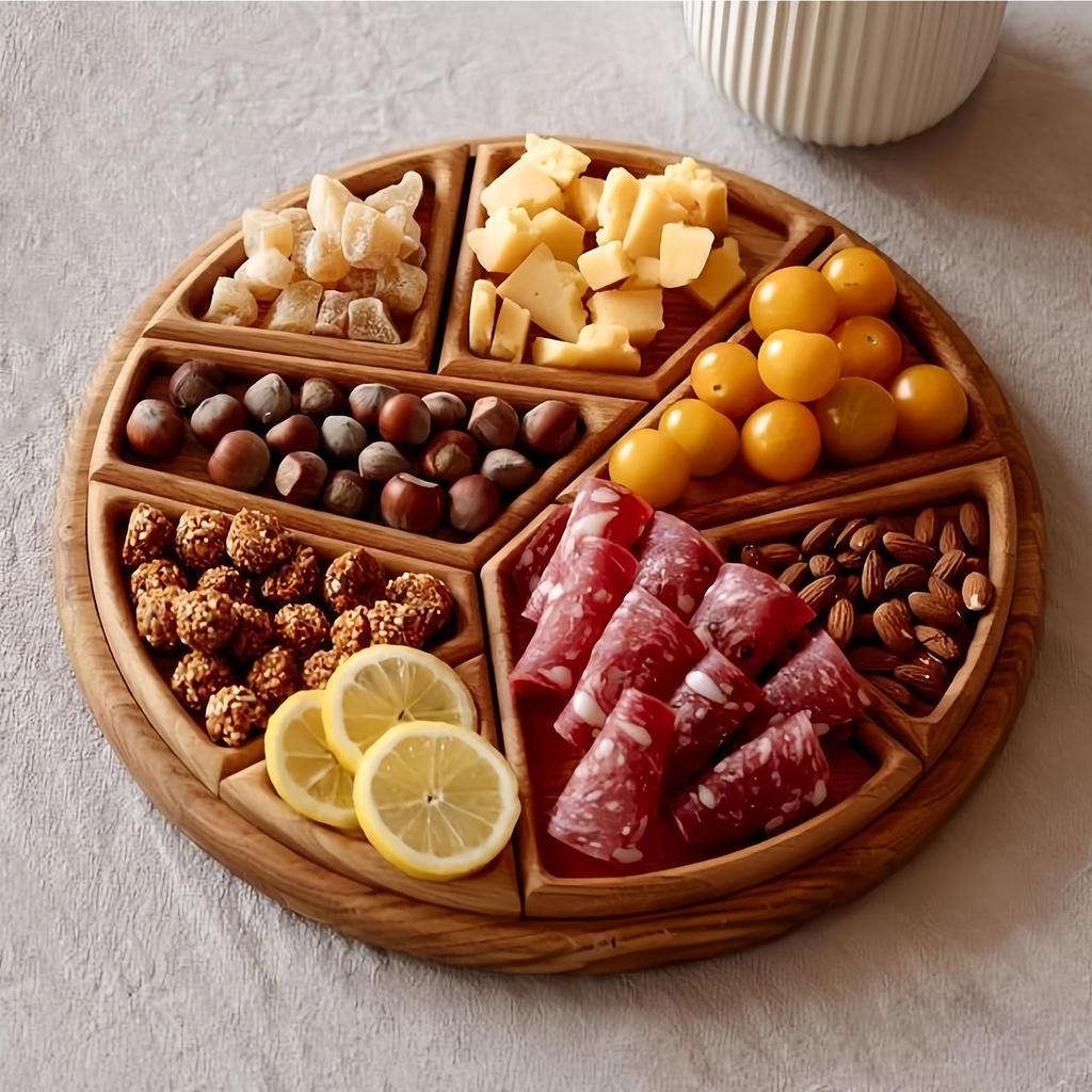 Round Food Serving Plate Large Serving Tray with 8 Removable Compartments Wooden Platter Charcuterie Board Snack Deseert Tray