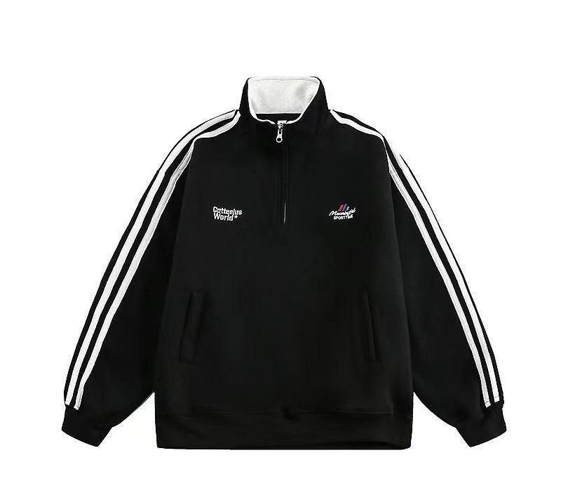 Men's Striped Heavyweight Half-Zip Hoodie, Loose Fit with Letter Embroidery and Stand-Up Collar - Versatile Autumn/Winter Sportswear Jacket