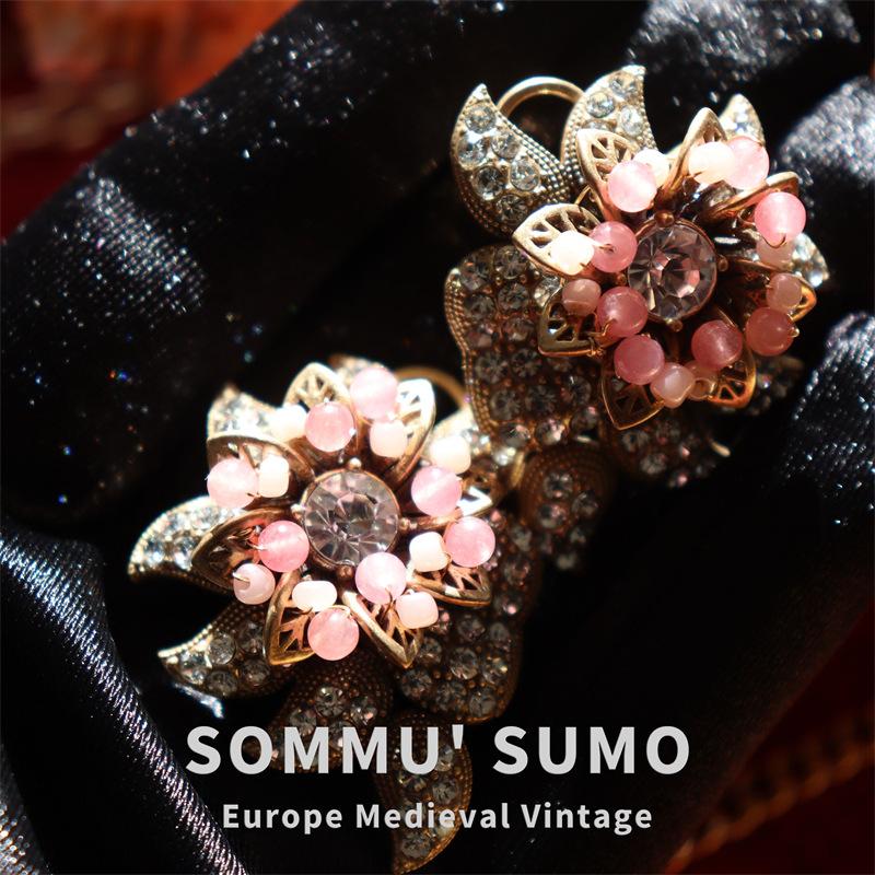 

Pink glazed necklace ear clip set, replica vintage antique jewelry medieval