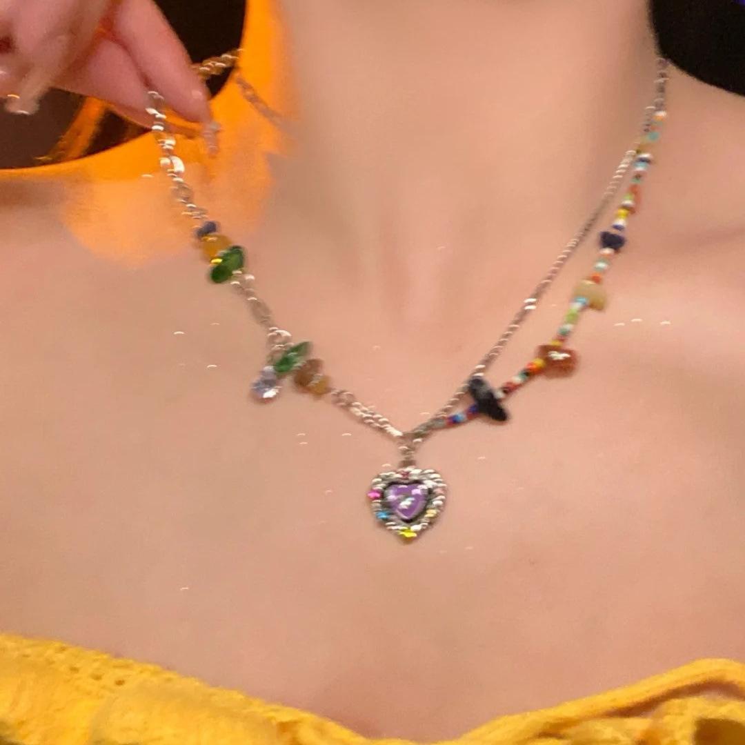 

Candy color diamond chain love necklace niche sweet cool wind pendant collarbone chain fashion design versatile necklace women
