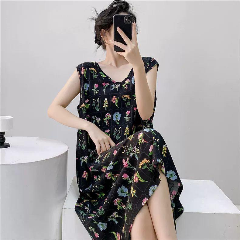 Large Size Loose Long Nightgown Simple Lazy Style Printed Sleeveless Tank Dress Sexy V-Neck V-Back Home Clothes Loungewear