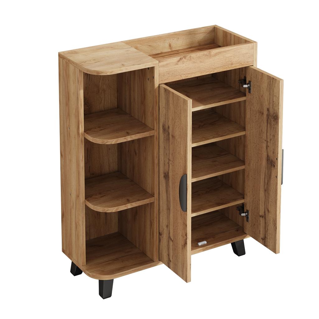 Narrow Shoe Cabinet, Double-Door, Shoe Rack with Open Compartments, Wood Look, Multi-Purpose Cabinet for Hallway, for Small Spaces, with Top Shelf
